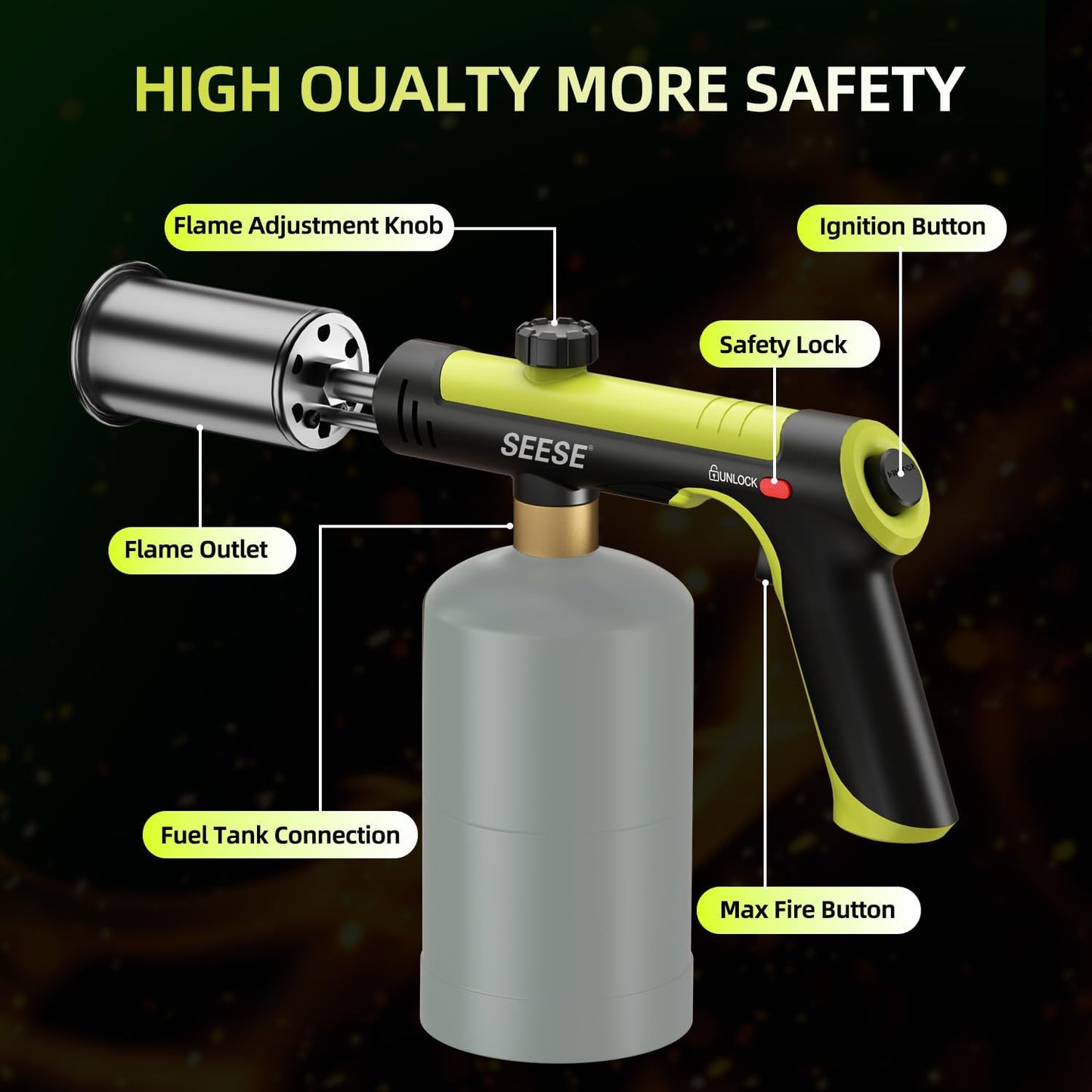 Propane Torch(Propane Tank Not Included) - One-Touch Ignition & Adjustable Max Power Flame for BBQ, Searing & Outdoor Fire Starting